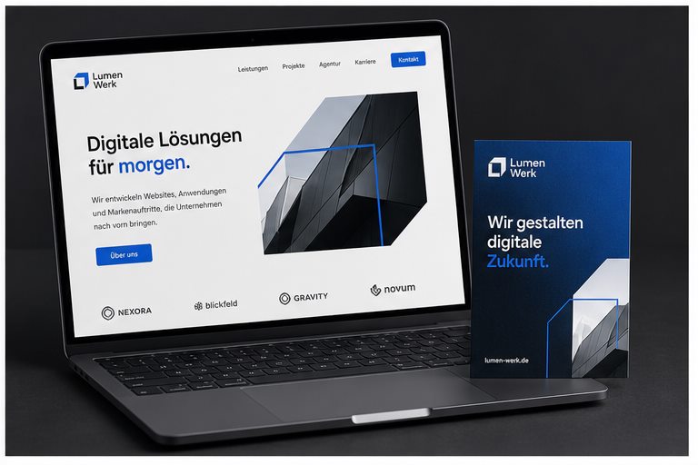 Fiktiver einheitlicher Markenauftritt auf Webseite und Werbematerial