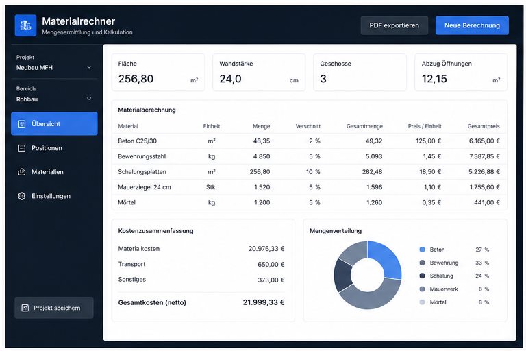 Fiktiver digitaler Materialrechner für betriebliche Berechnungen