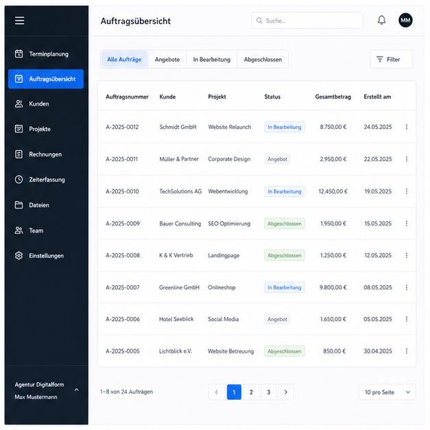 Fiktive Web-App mit einer übersichtlichen Auftragsverwaltung
