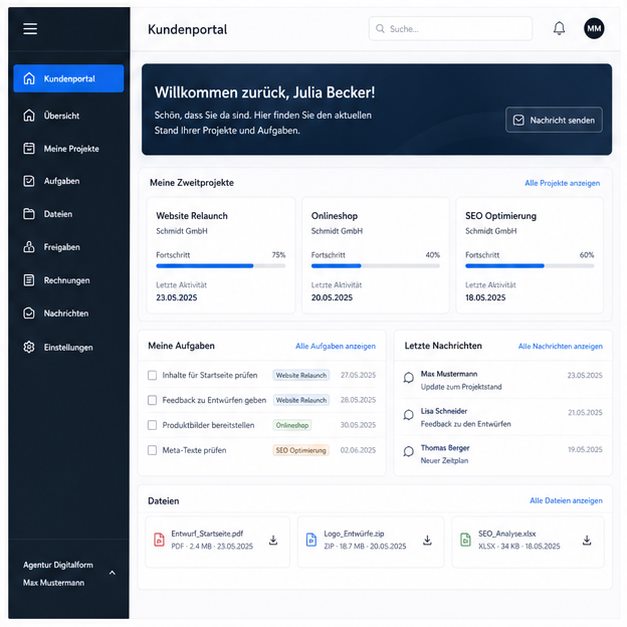 Fiktiver Kundenbereich einer Web-App mit Projekten und Dateien
